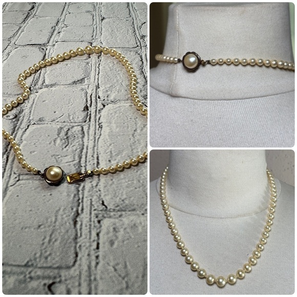 Jewelry - Vintage Pearl Necklace 925 Sterling Gold Tone Clasp Ivory Pearls Dainty Classic